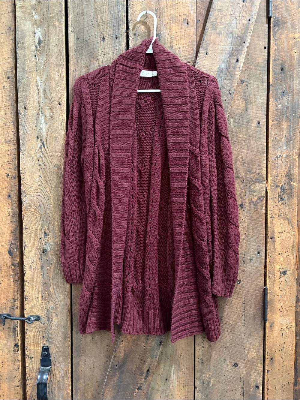 RD Style Open-Front Cable Knit Cardigan in Deep Burgundy